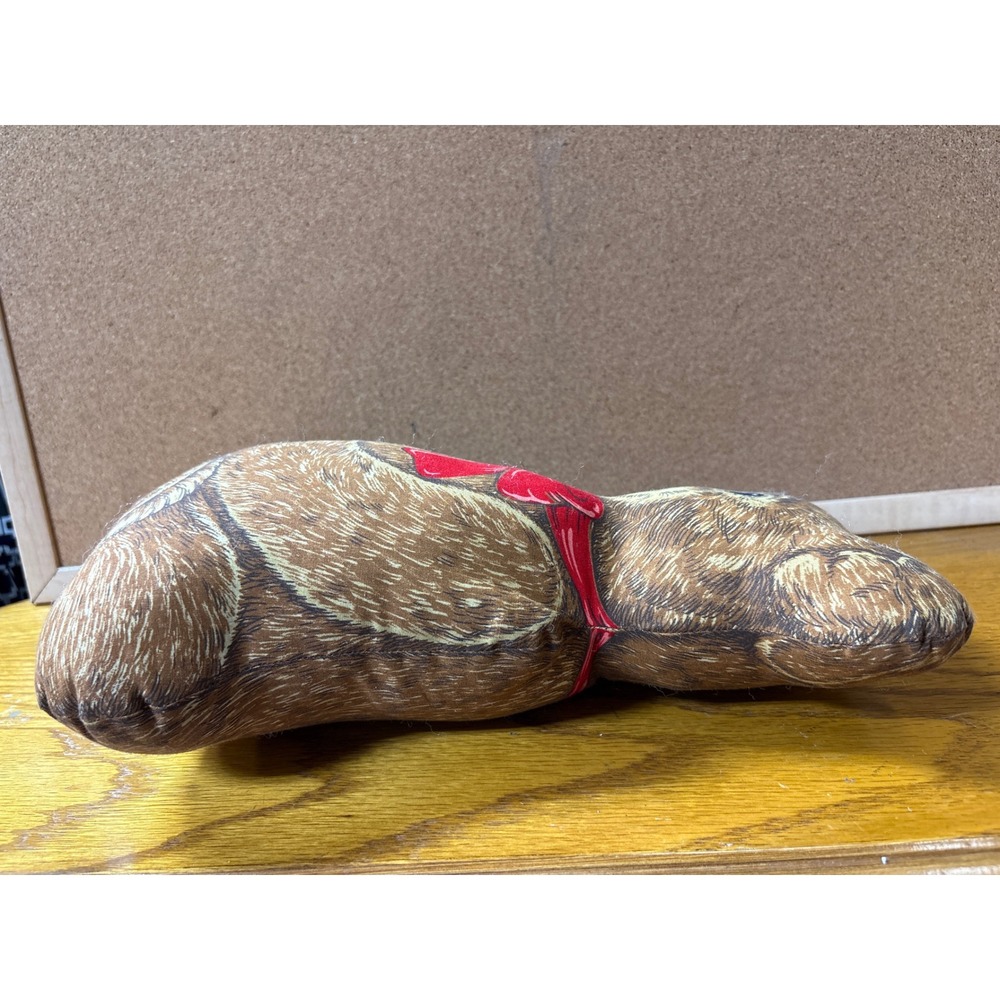 Vintage Fabric Teddy Bear Pillow Brown Printed Cotton Plush Red Bow Decor - Picture 2 of 6